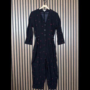Whistles Jumpsuit US 8 / M Womens Black Heart Polka Dot Belted Waist V Neck